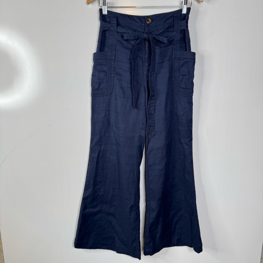 Anthropologie Linen Blend Navy Belted Wide Leg Pants Size 25